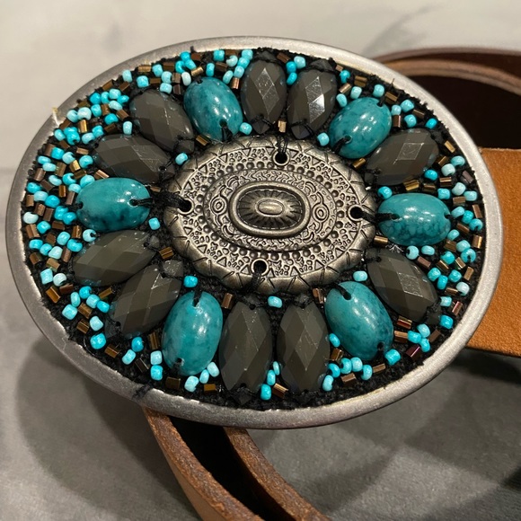 Esprit Oval buckle belt, Women leather belt with blue stones Vintage - Picture 5 of 16